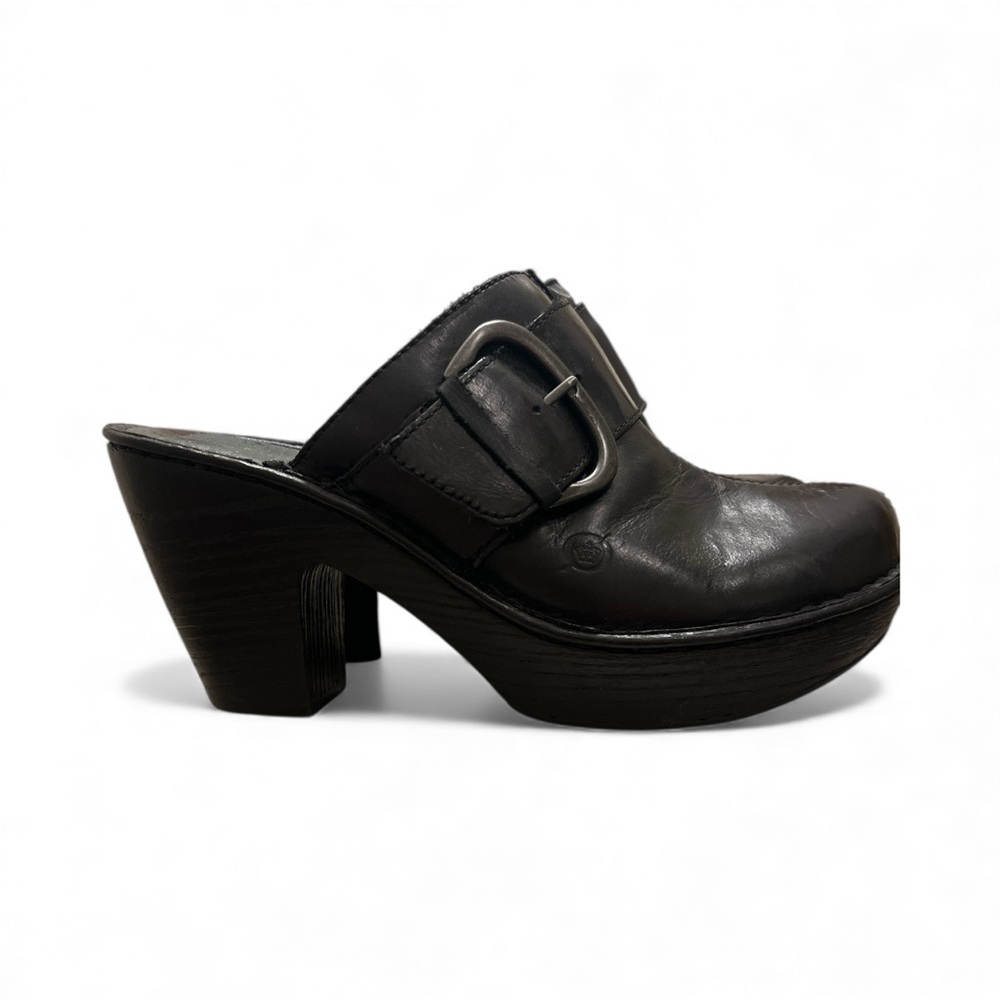 NEW Black Leather Biker Clogs 3.5 Chunky Heel Buckle Moto Platform Shoes Sz 8 - Picture 11 of 14